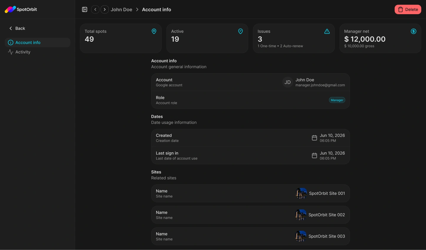 Spot Orbit Account info page with account, role, status, dates, and related sites