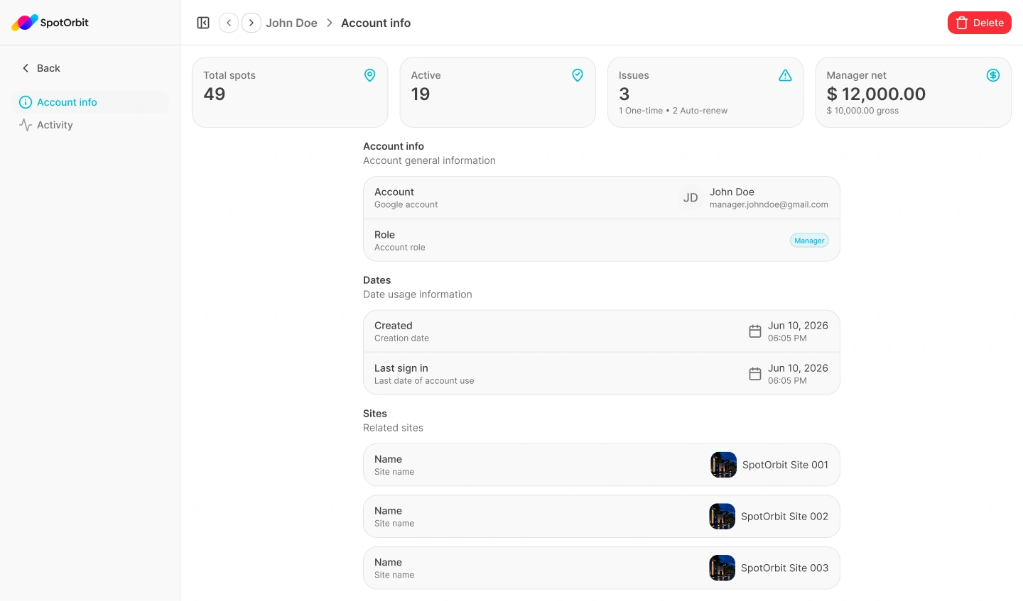 Spot Orbit Account info page with account, role, status, dates, and related sites