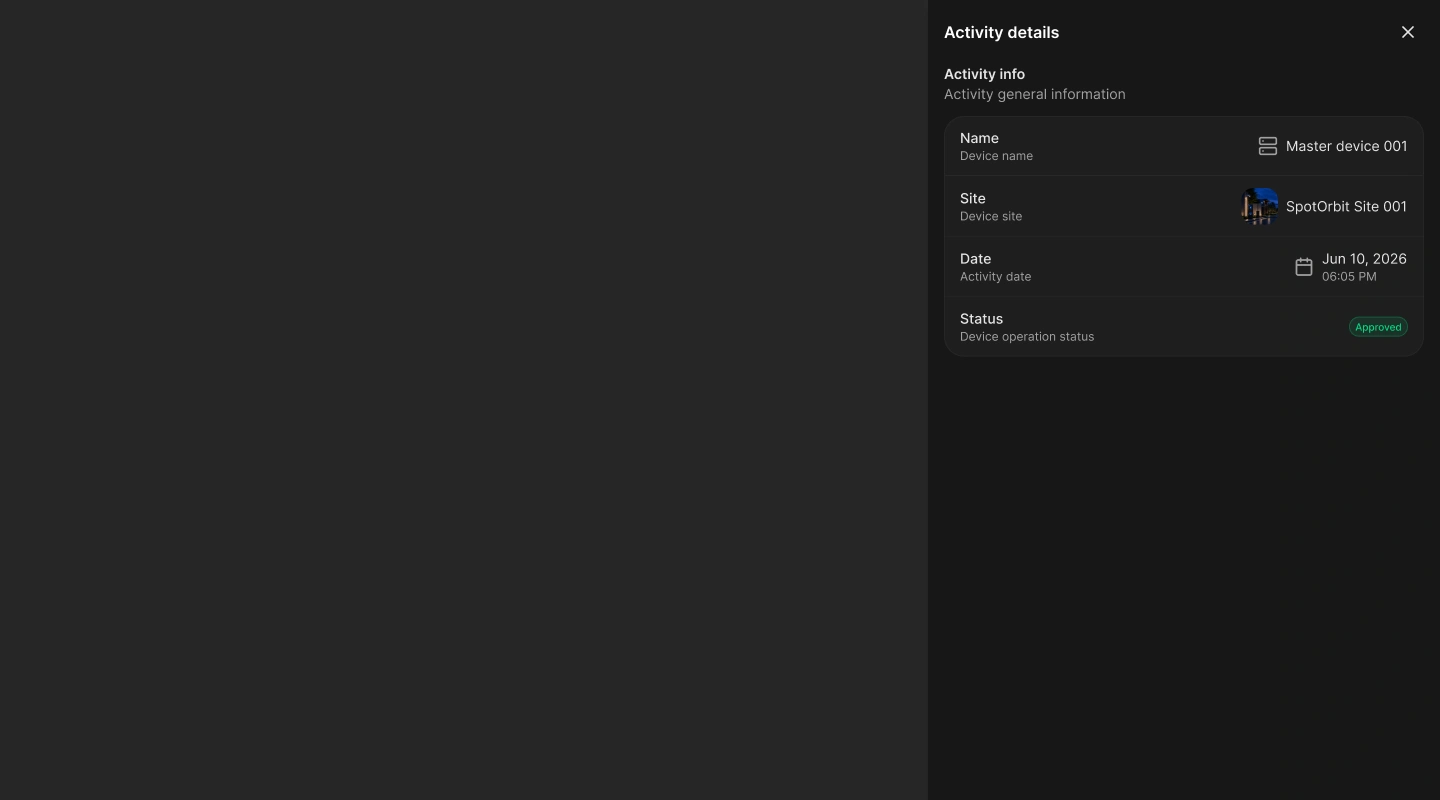 Account Activity details drawer showing device, site, date, and status