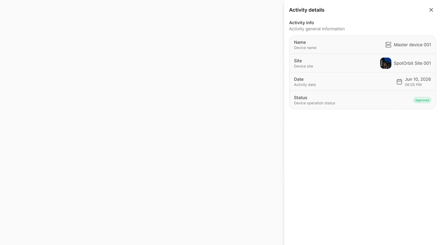 Account Activity details drawer showing device, site, date, and status