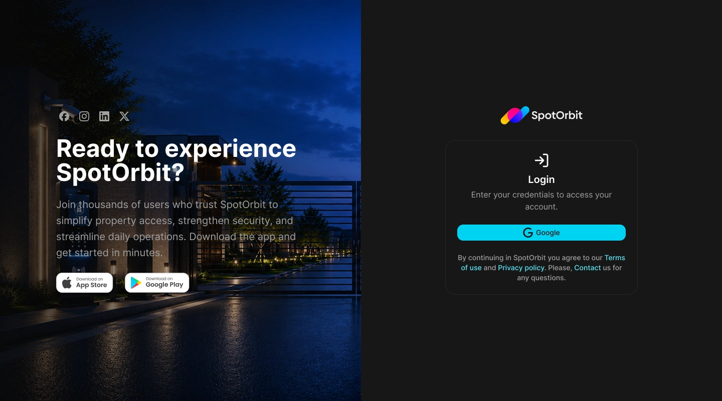 Spot Orbit Admin login page with Google, email, password, and Login controls