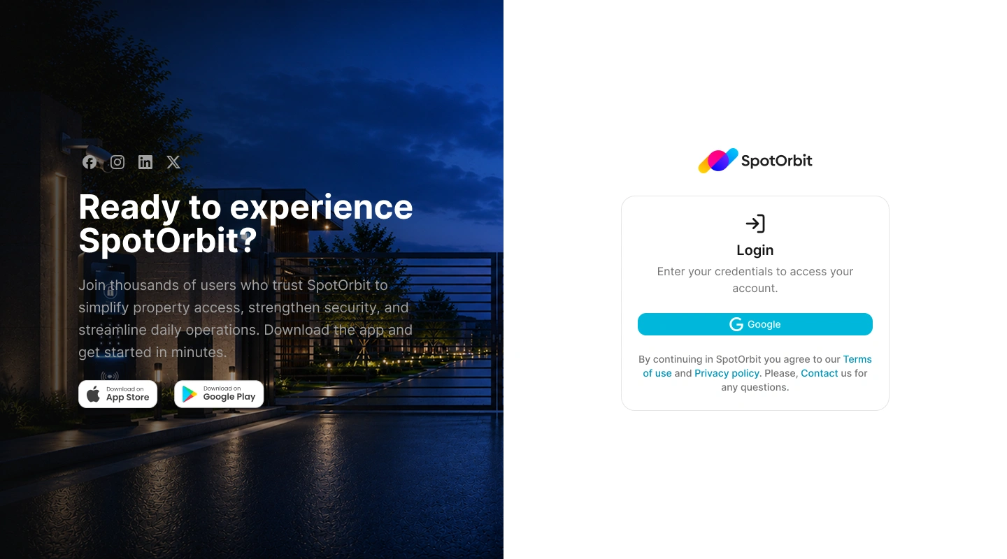 Spot Orbit Admin login page with Google, email, password, and Login controls