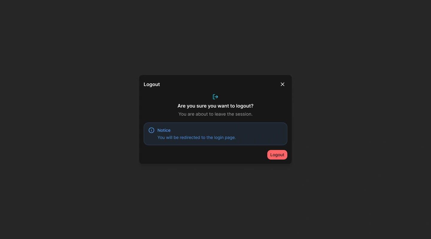 Spot Orbit Admin Logout confirmation dialog with a Logout button