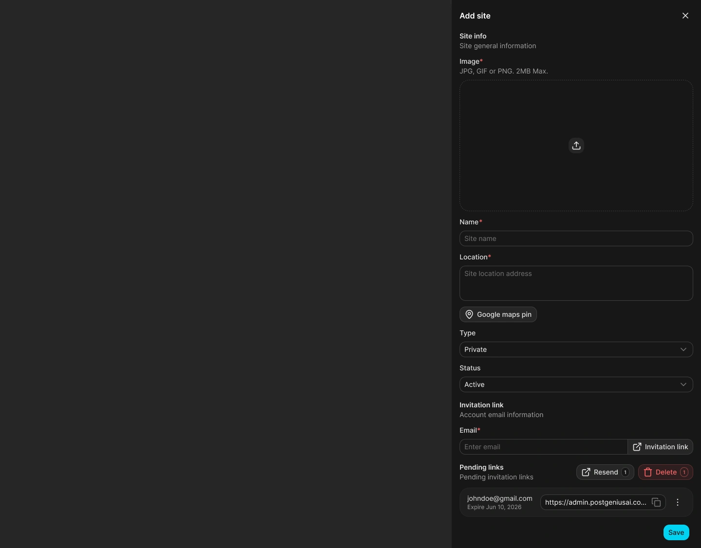 Add site drawer with image, site information, visibility, and invitation fields