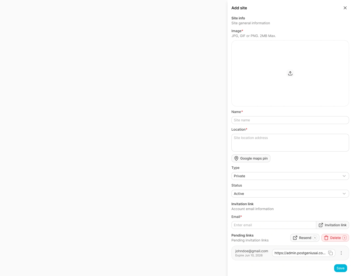 Add site drawer with image, site information, visibility, and invitation fields