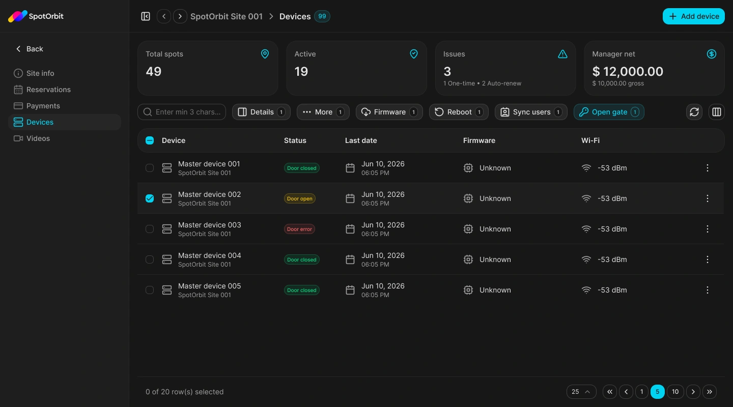 Site Devices page with device status, last contact, firmware, Wi-Fi, and actions
