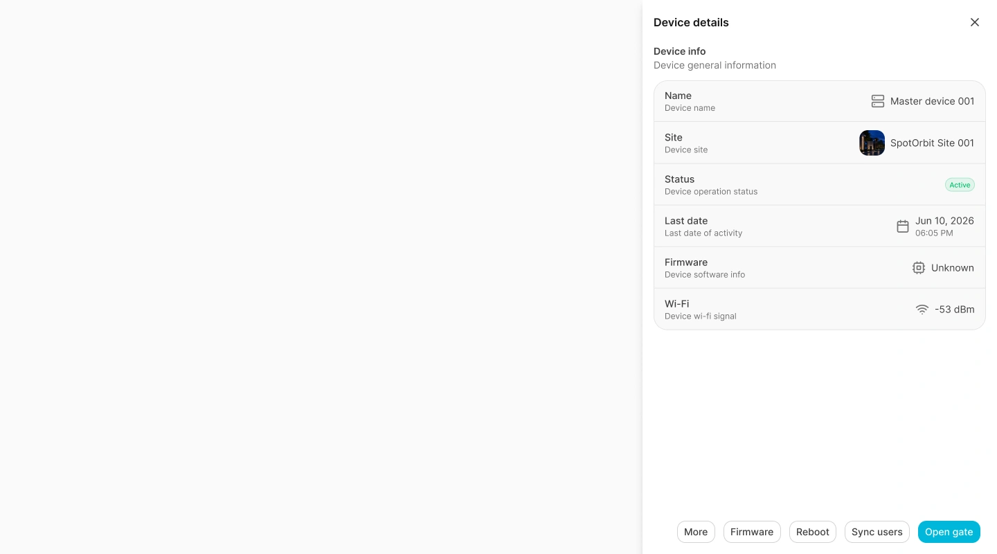 Device details drawer showing hardware, connection, and gate information with remote actions