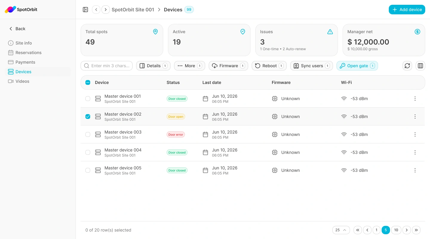 Site Devices page with device status, last contact, firmware, Wi-Fi, and actions