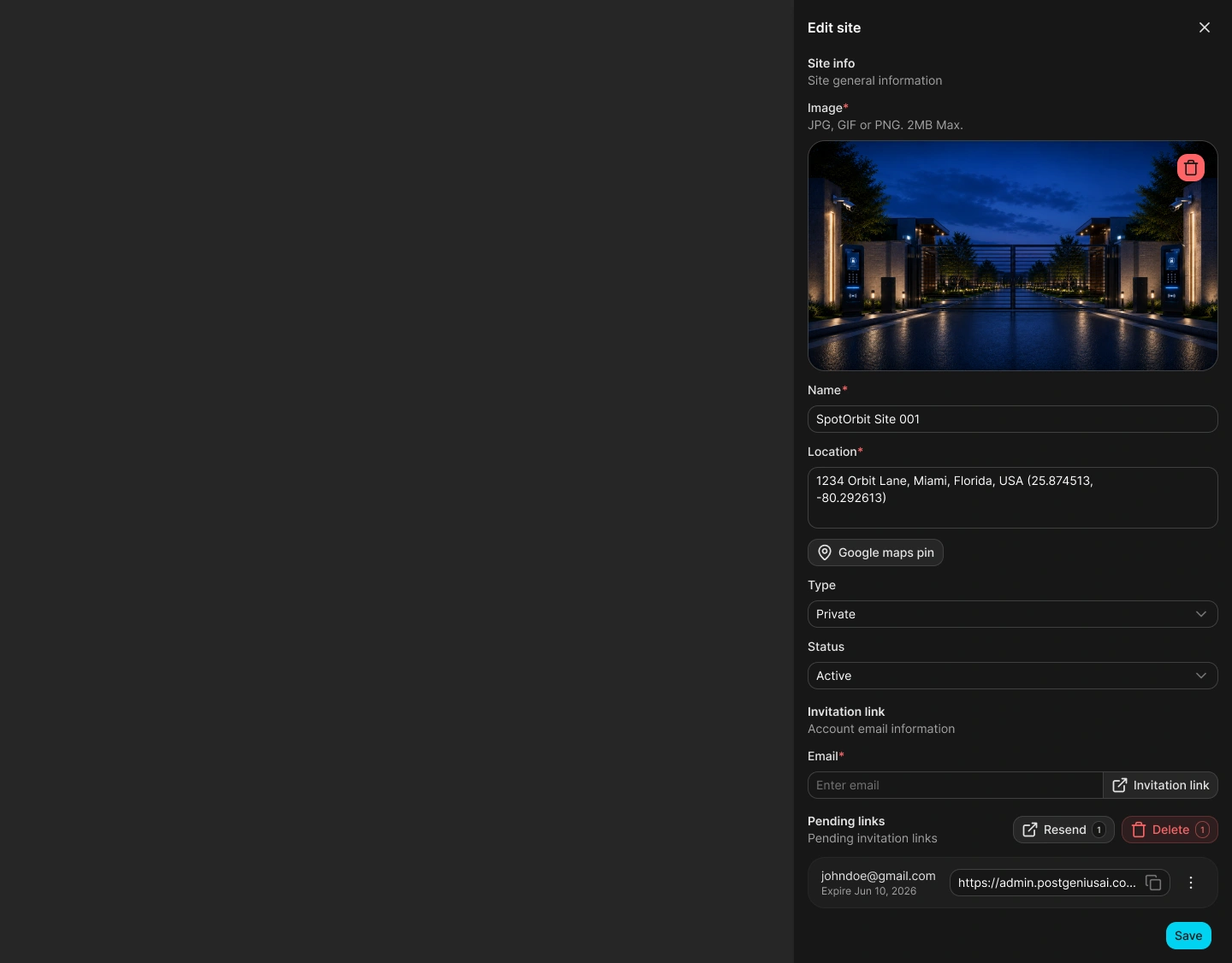 Edit site drawer with current profile and pending manager invitation links