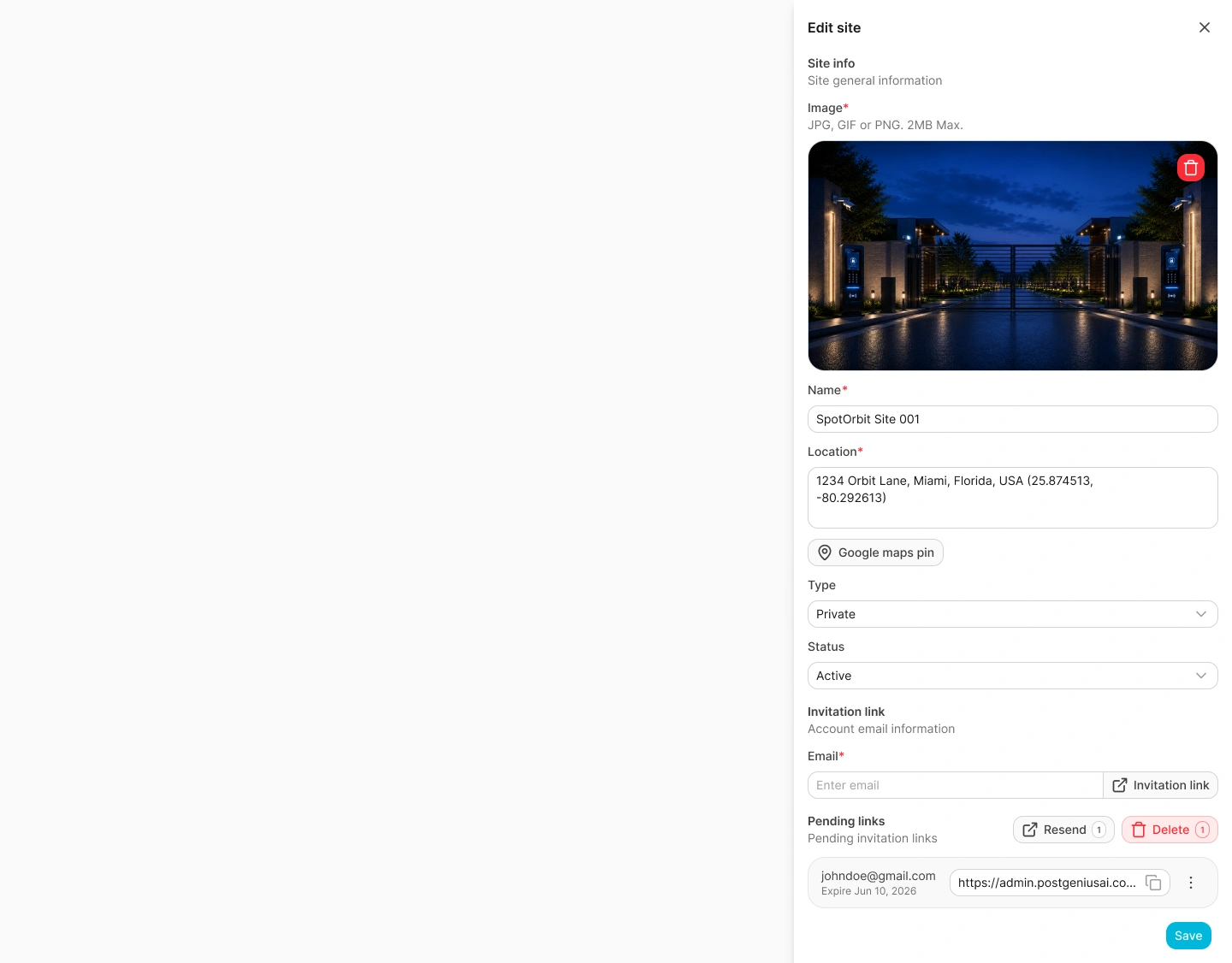 Edit site drawer with current profile and pending manager invitation links