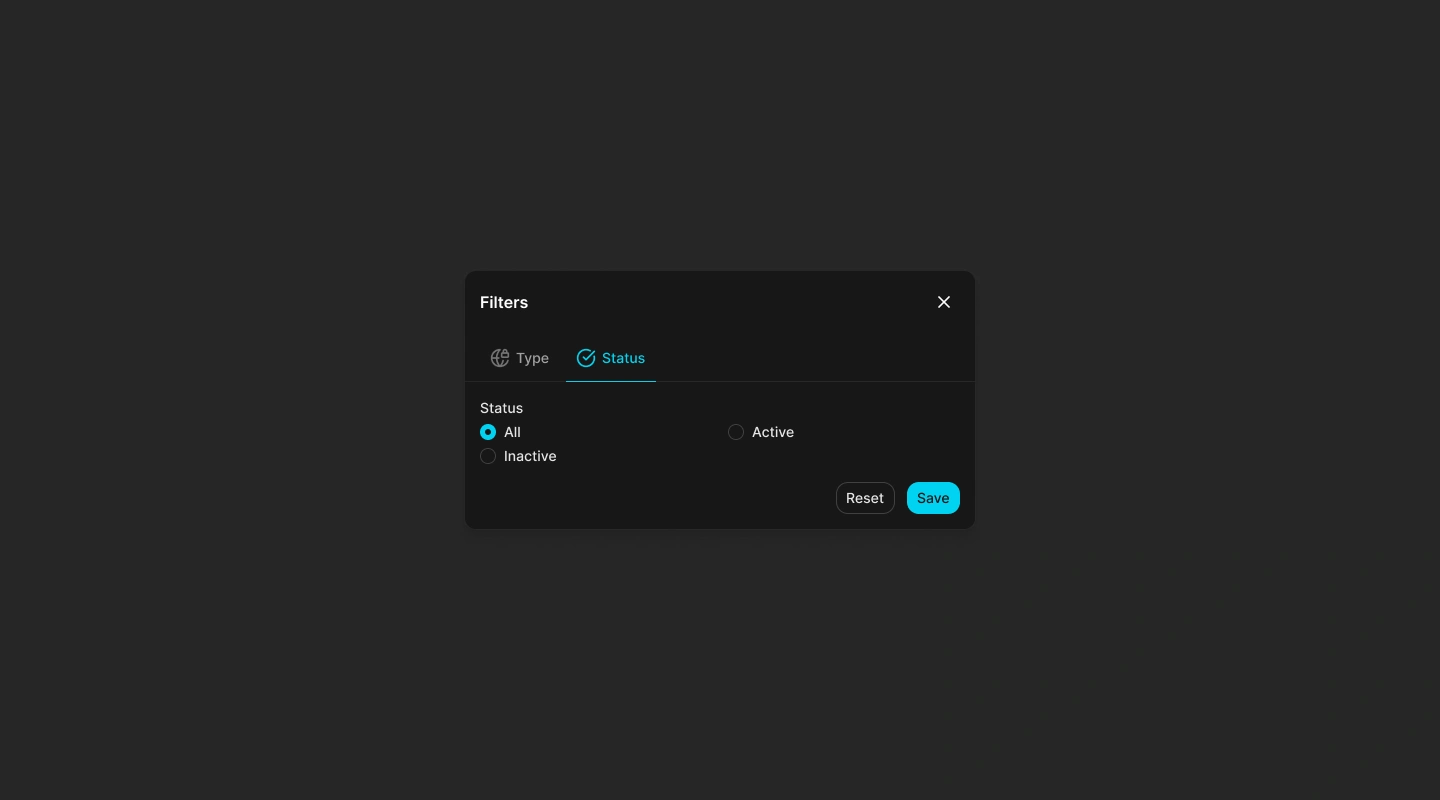 Sites filter dialog showing active and archived status choices