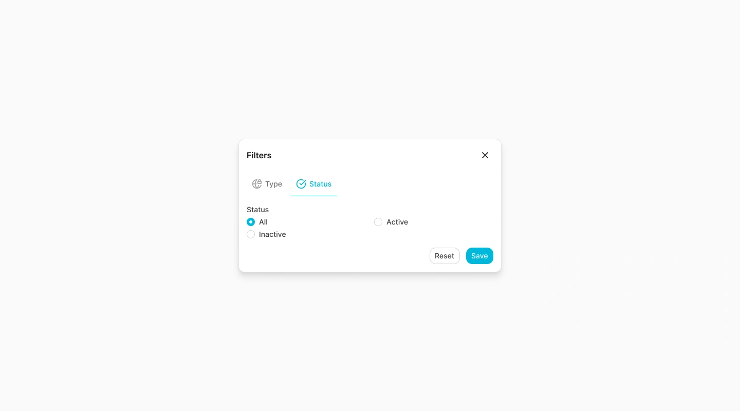 Sites filter dialog showing active and archived status choices