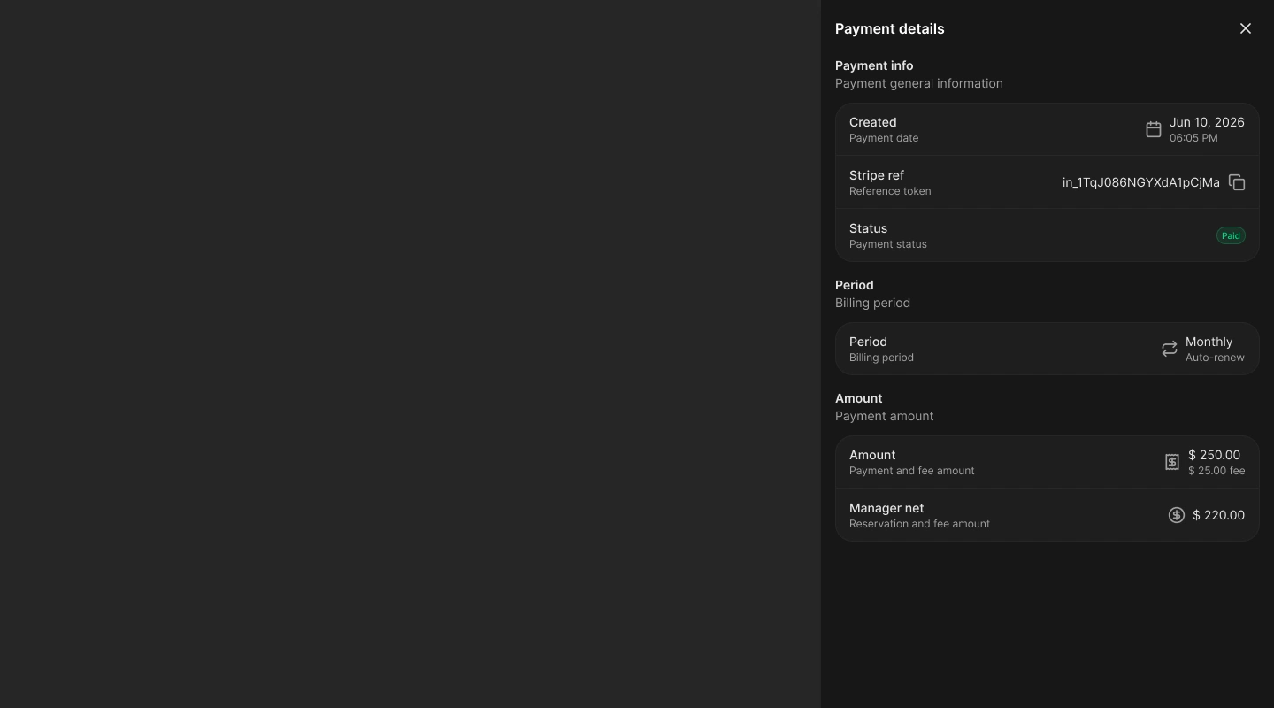 Payment details drawer with reservation location, provider reference, status, period, amounts, and refund evidence