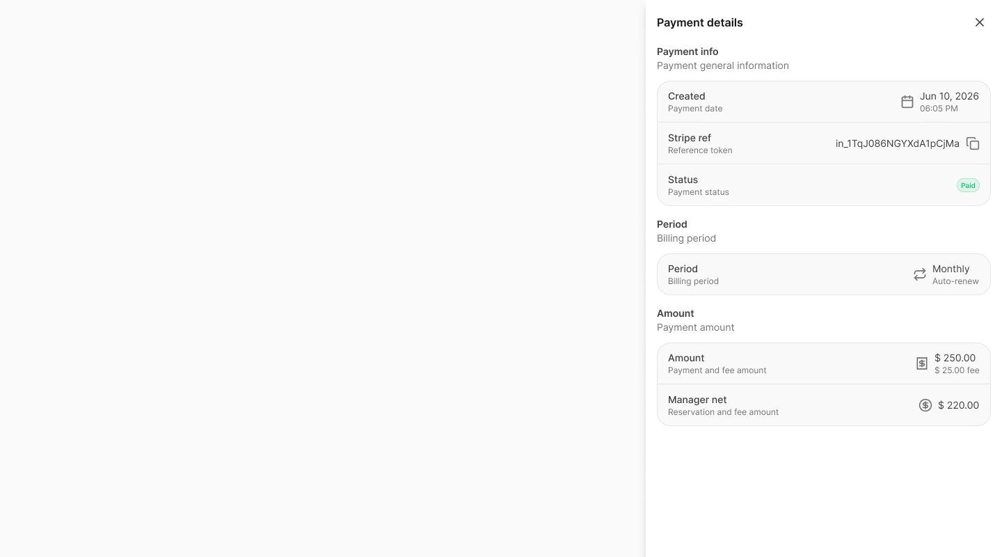 Payment details drawer with reservation location, provider reference, status, period, amounts, and refund evidence