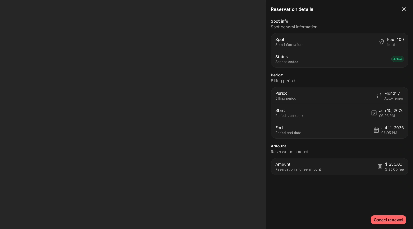 Reservation details drawer with spot, billing period, dates, amount, fee, and status