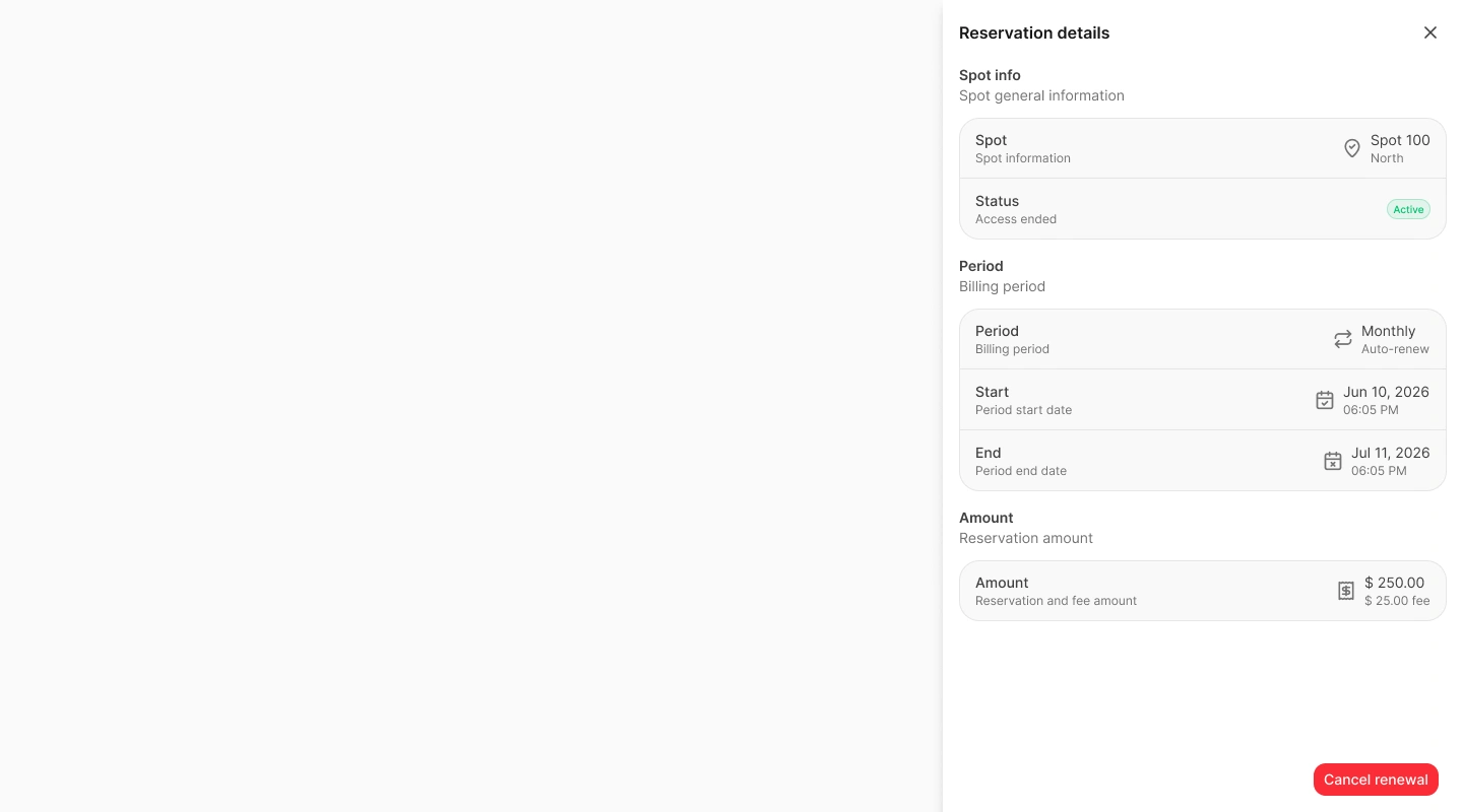 Reservation details drawer with spot, billing period, dates, amount, fee, and status