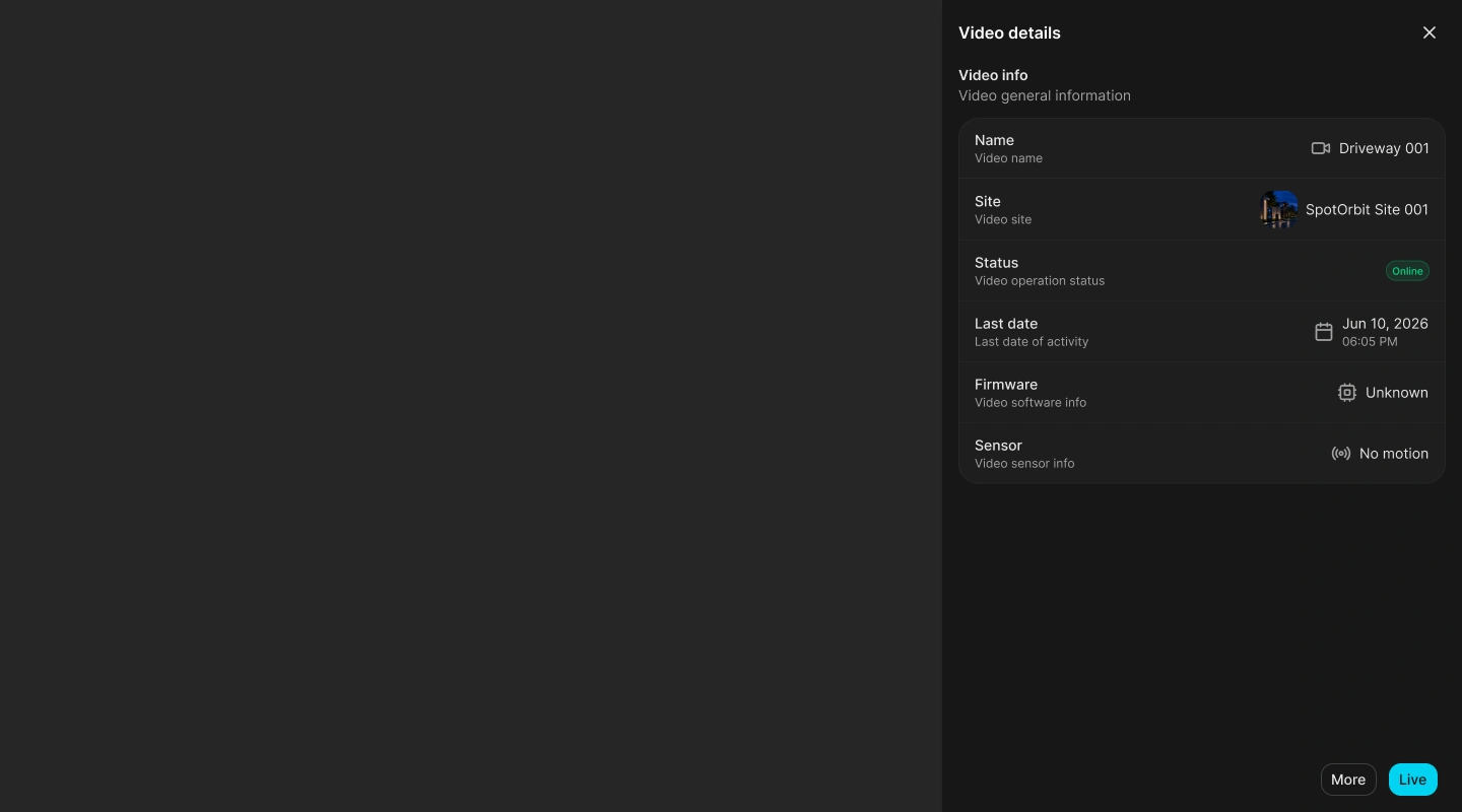 Video details drawer with camera, connection, firmware, sensor, and site information