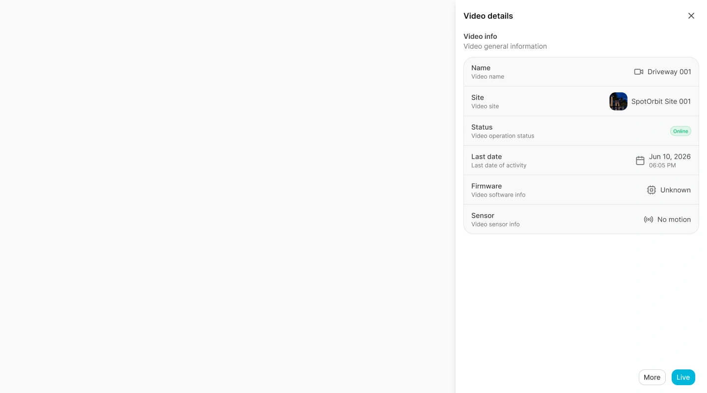 Video details drawer with camera, connection, firmware, sensor, and site information
