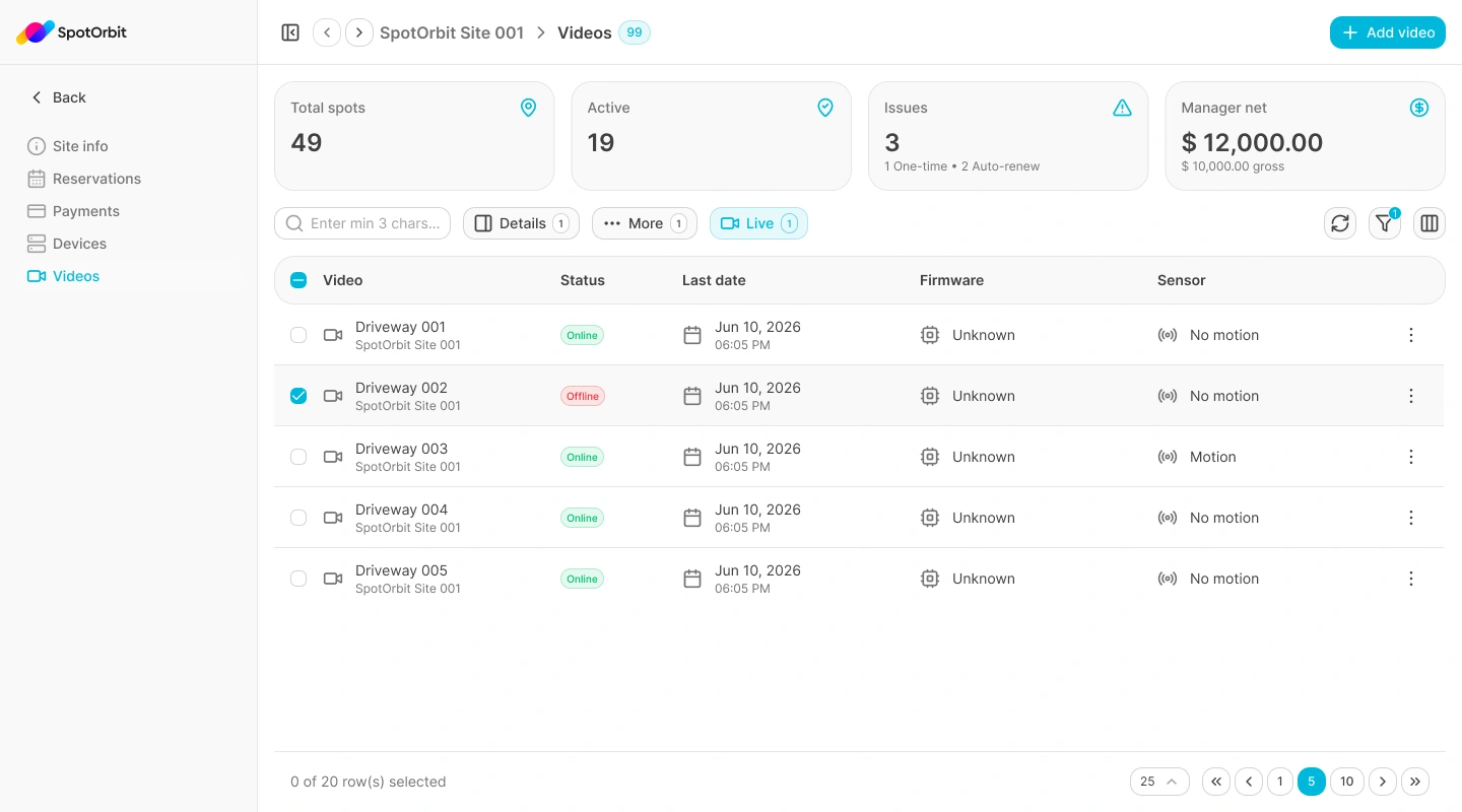 Site Videos page with camera status, last contact, firmware, sensor alerts, and actions