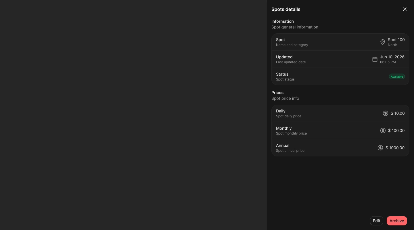Spot details drawer with identity, status, prices, and management actions