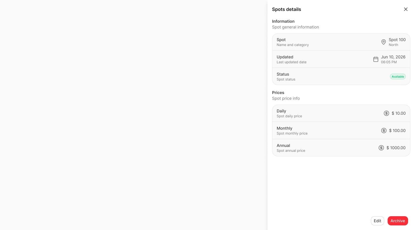 Spot details drawer with identity, status, prices, and management actions