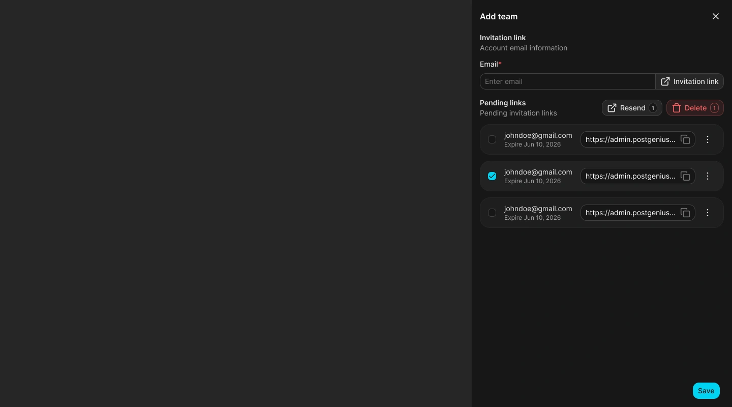 Add team drawer with an email field and pending invitation links