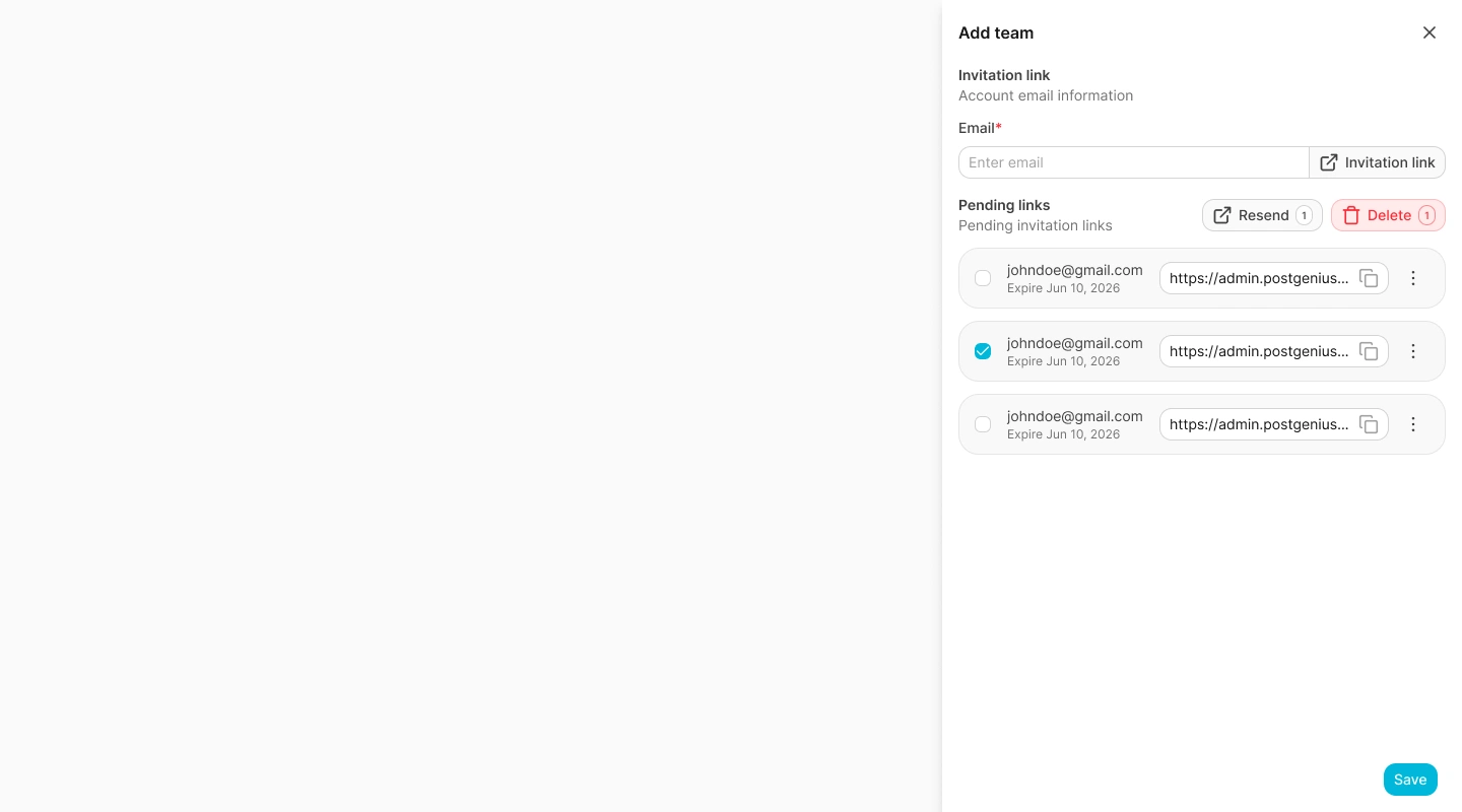 Add team drawer with an email field and pending invitation links
