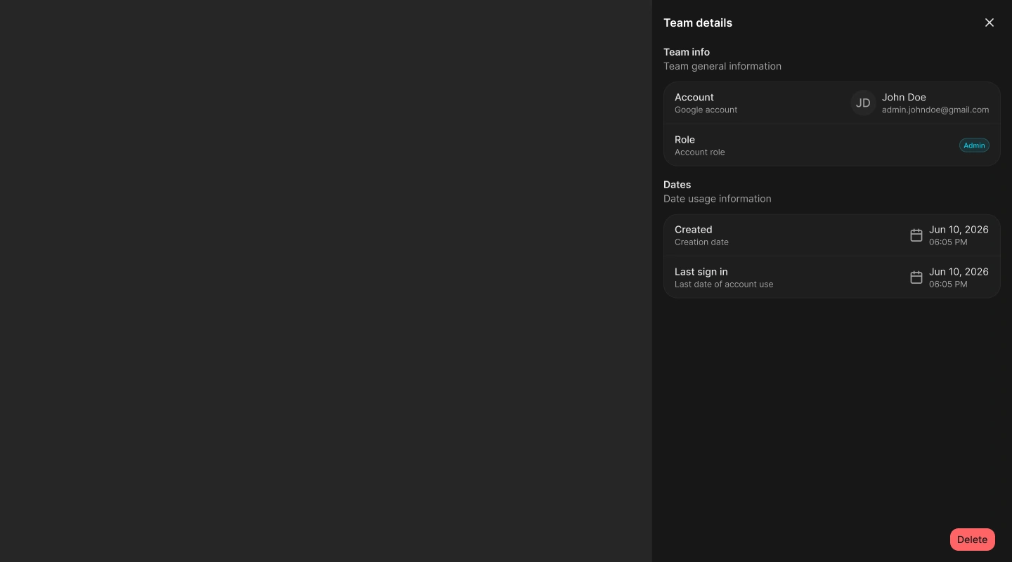 Team details drawer showing member identity, role, creation date, last sign-in, and Revoke action
