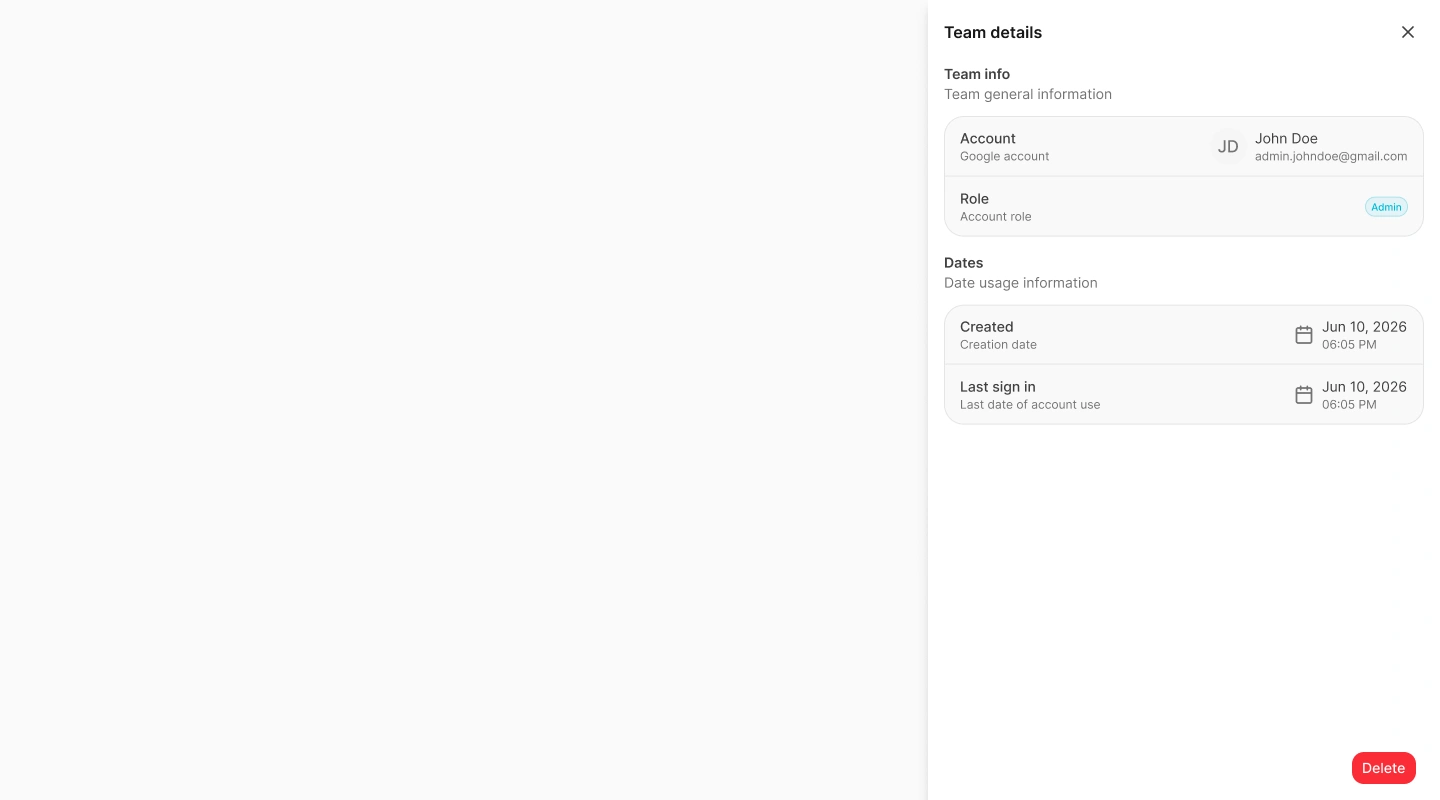 Team details drawer showing member identity, role, creation date, last sign-in, and Revoke action
