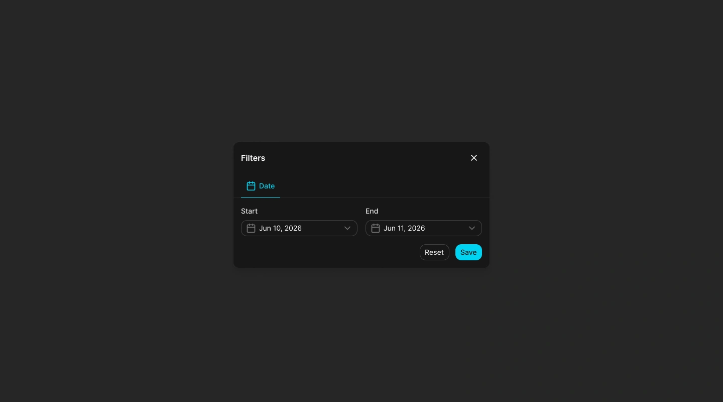 Teams date filter with start and end date controls