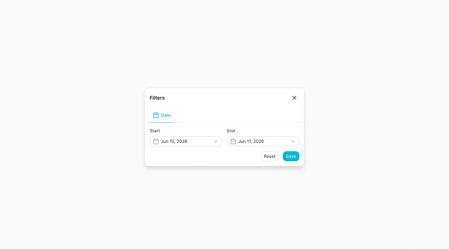 Teams date filter with start and end date controls