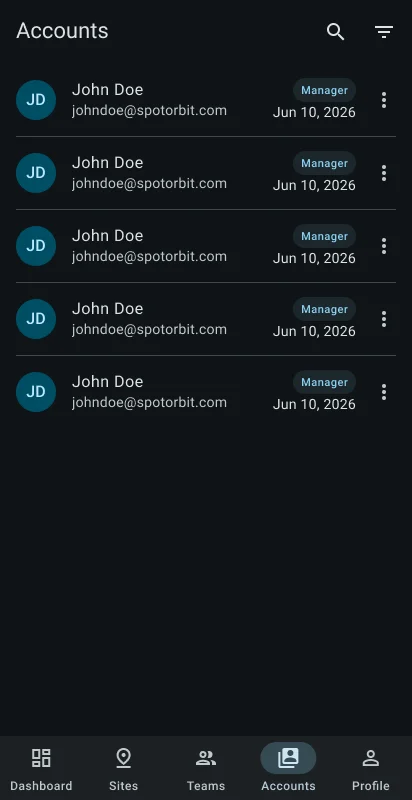 Administrator Accounts list with account cards and roles