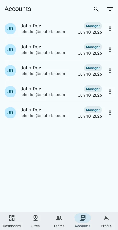Administrator Accounts list with account cards and roles