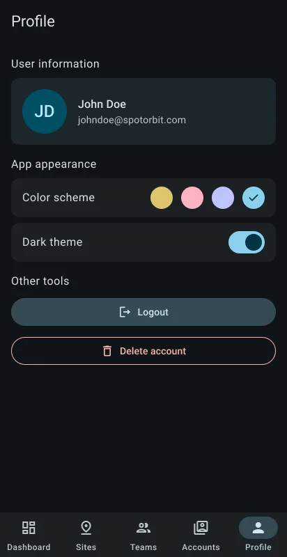 Administrator Profile page with identity, appearance, and session tools