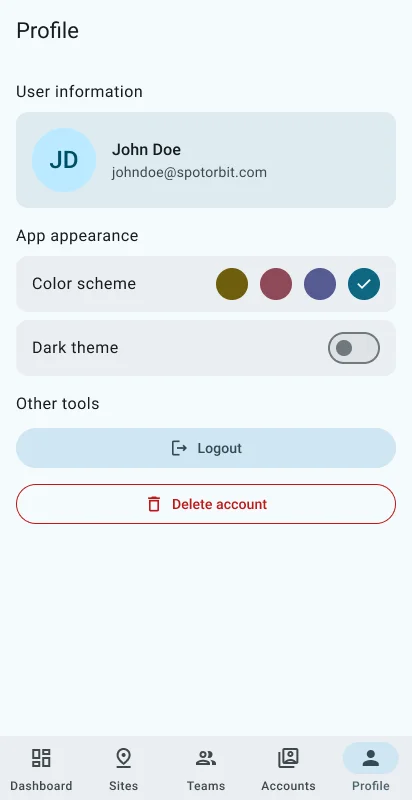 Administrator Profile page with identity, appearance, and session tools