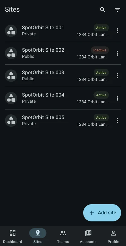 Administrator Sites list with location cards and actions