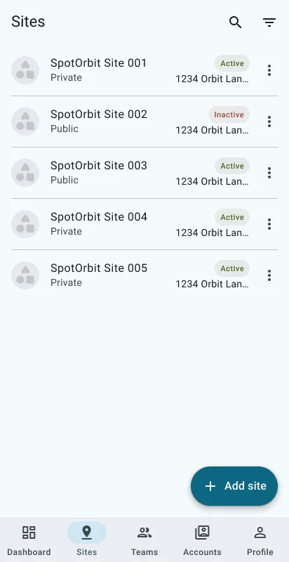 Administrator Sites list with location cards and actions