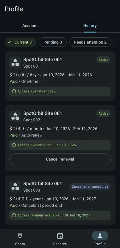 Customer Profile History tab with current reservation cards