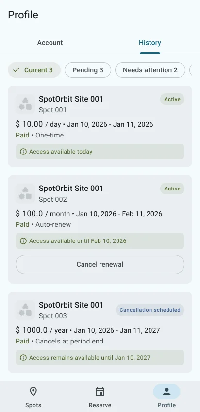 Customer Profile History tab with current reservation cards