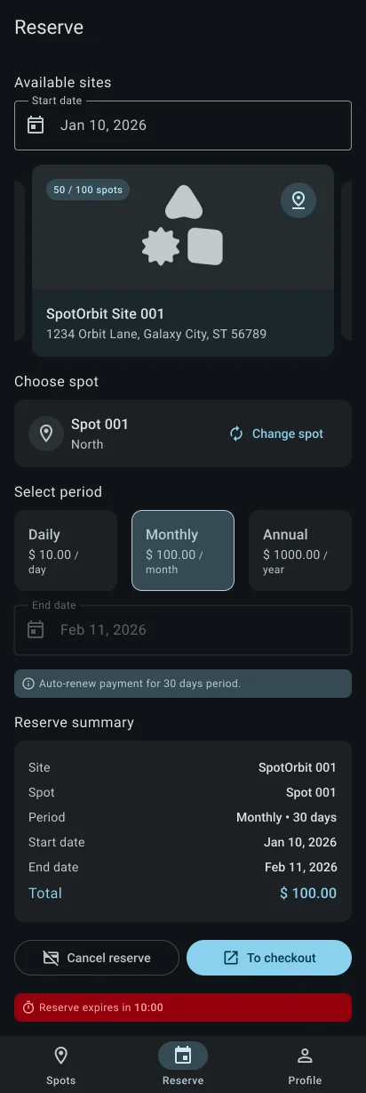 Customer Reserve page configured for a monthly parking period