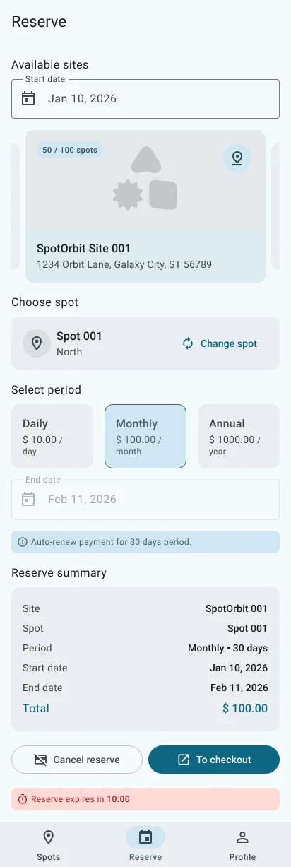 Customer Reserve page configured for a monthly parking period