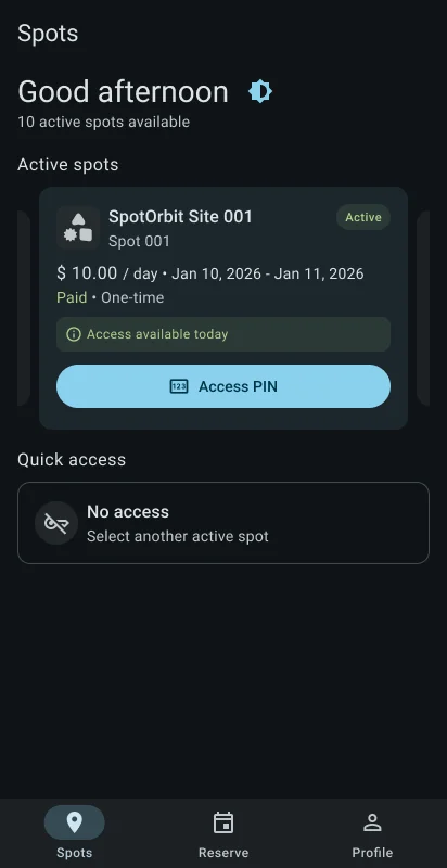 Customer Spots page showing an accessible daily parking reservation