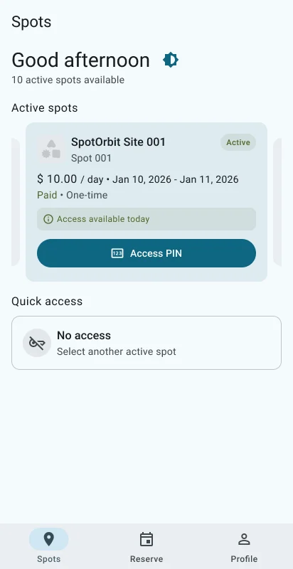 Customer Spots page showing an accessible daily parking reservation