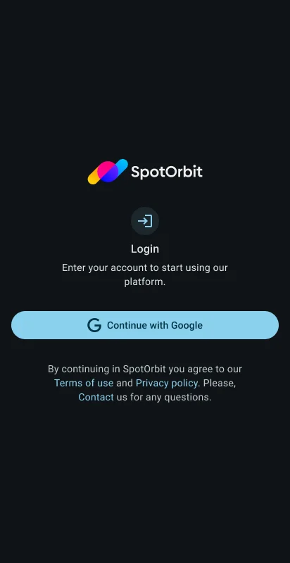 Spot Orbit mobile sign-in screen with Continue with Google button