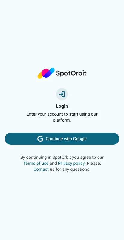 Spot Orbit mobile sign-in screen with Continue with Google button