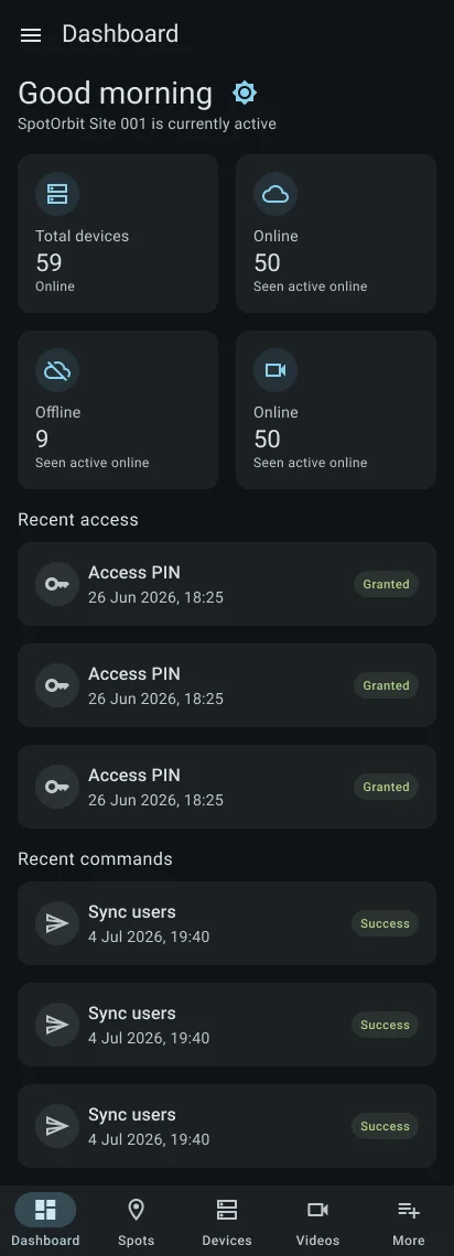 Manager mobile dashboard with site operating summaries