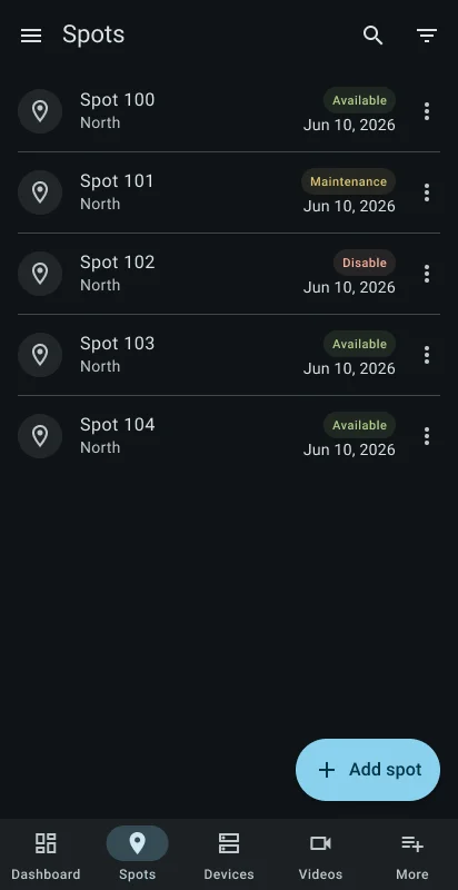Manager parking spot list with search and spot cards