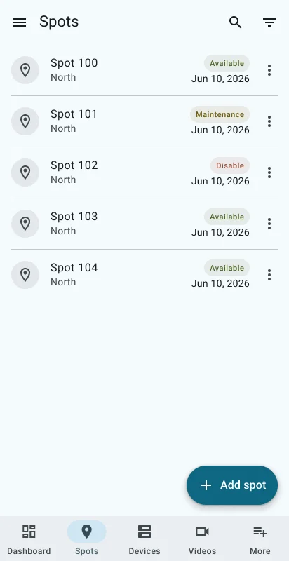 Manager parking spot list with search and spot cards