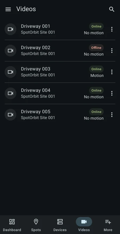 Manager Videos inventory with camera status cards