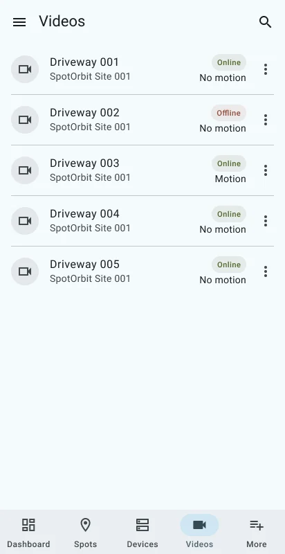 Manager Videos inventory with camera status cards